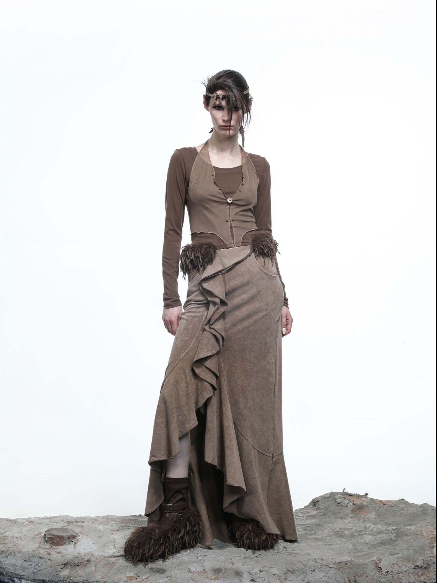 NORTH NODE Halter Splice Mesh Faux Layer Removable Trim Women&
