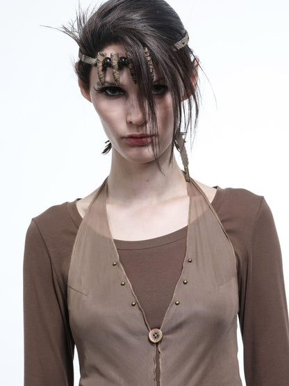 NORTH NODE Halter Splice Mesh Faux Layer Removable Trim Women&