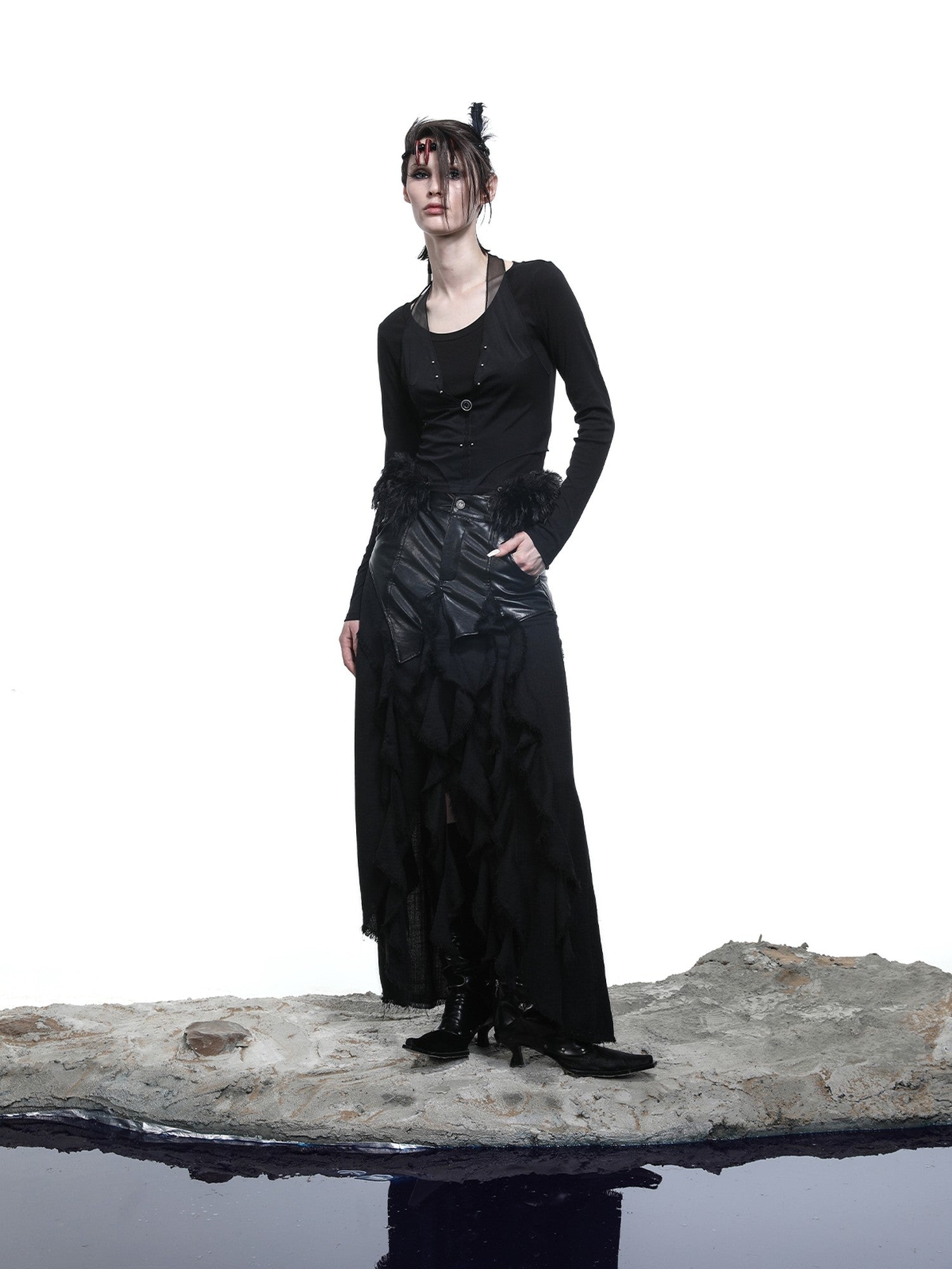 NORTH NODE Halter Splice Mesh Faux Layer Removable Trim Women&