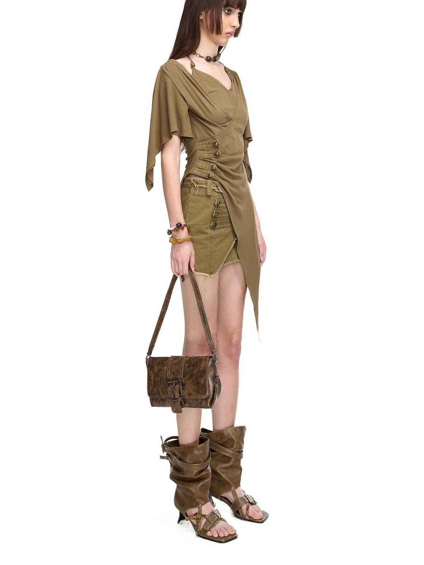 NORTH NODE Halter V-neck Irregular Diagonal Pleated Women&