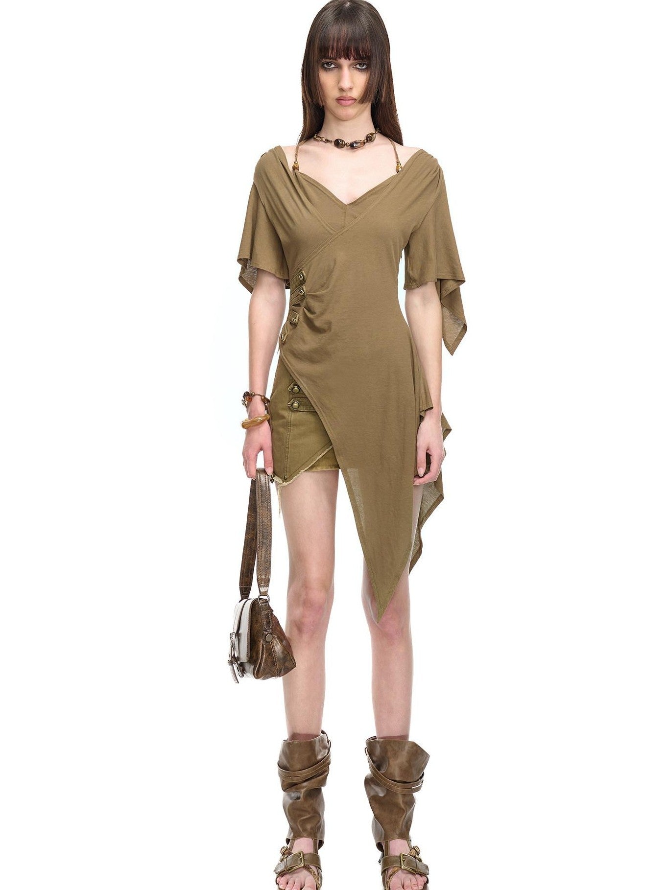 NORTH NODE Halter V-neck Irregular Diagonal Pleated Women&