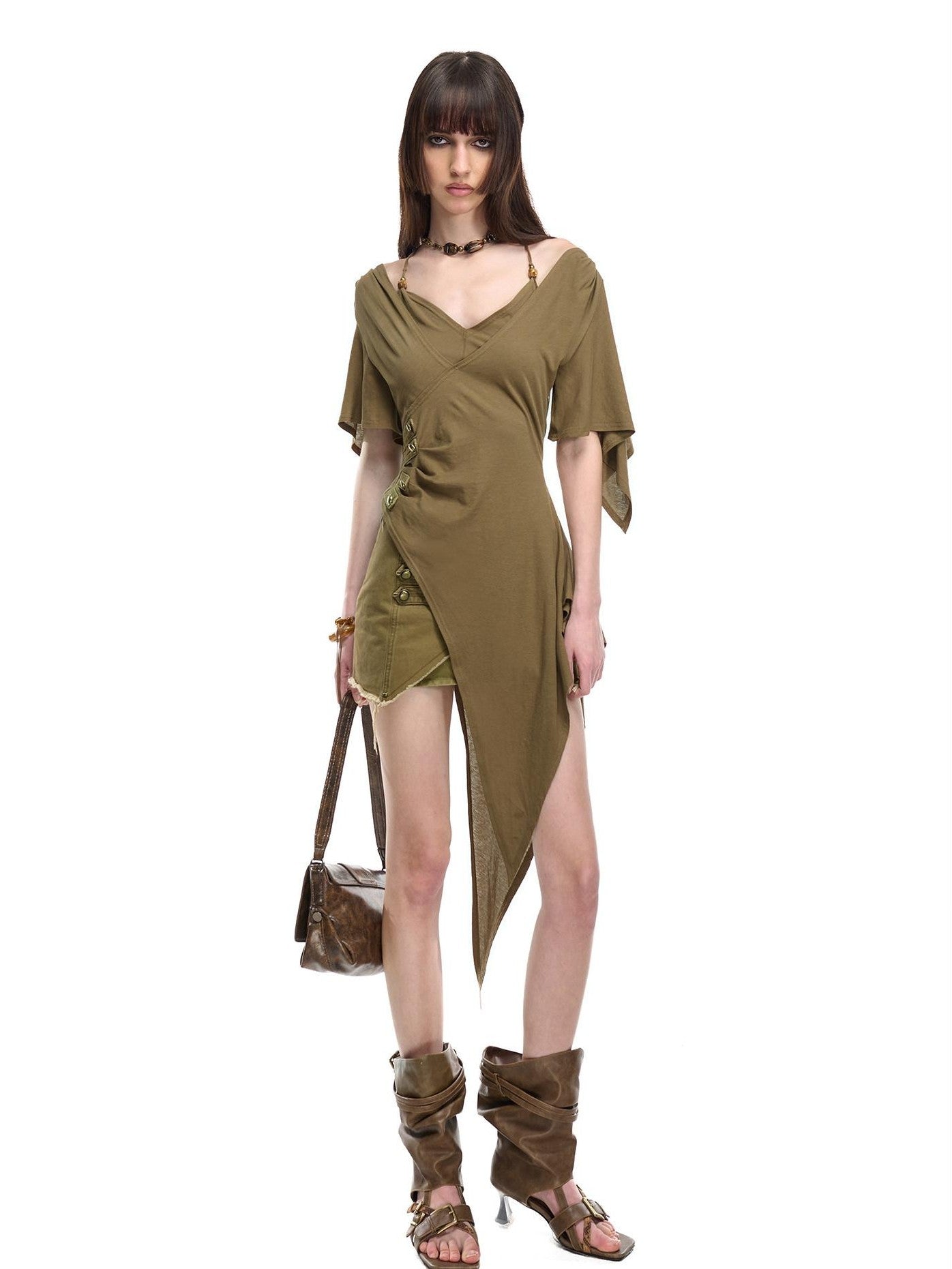 NORTH NODE Halter V-neck Irregular Diagonal Pleated Women&