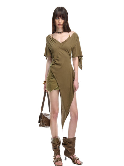 NORTH NODE Halter V-neck Irregular Diagonal Pleated Women&