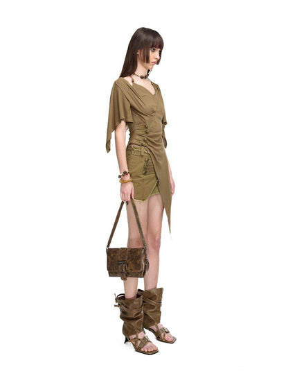 NORTH NODE Halter V-neck Irregular Diagonal Pleated Women&