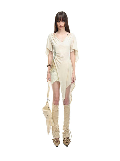 NORTH NODE Halter V-neck Irregular Diagonal Pleated Women&