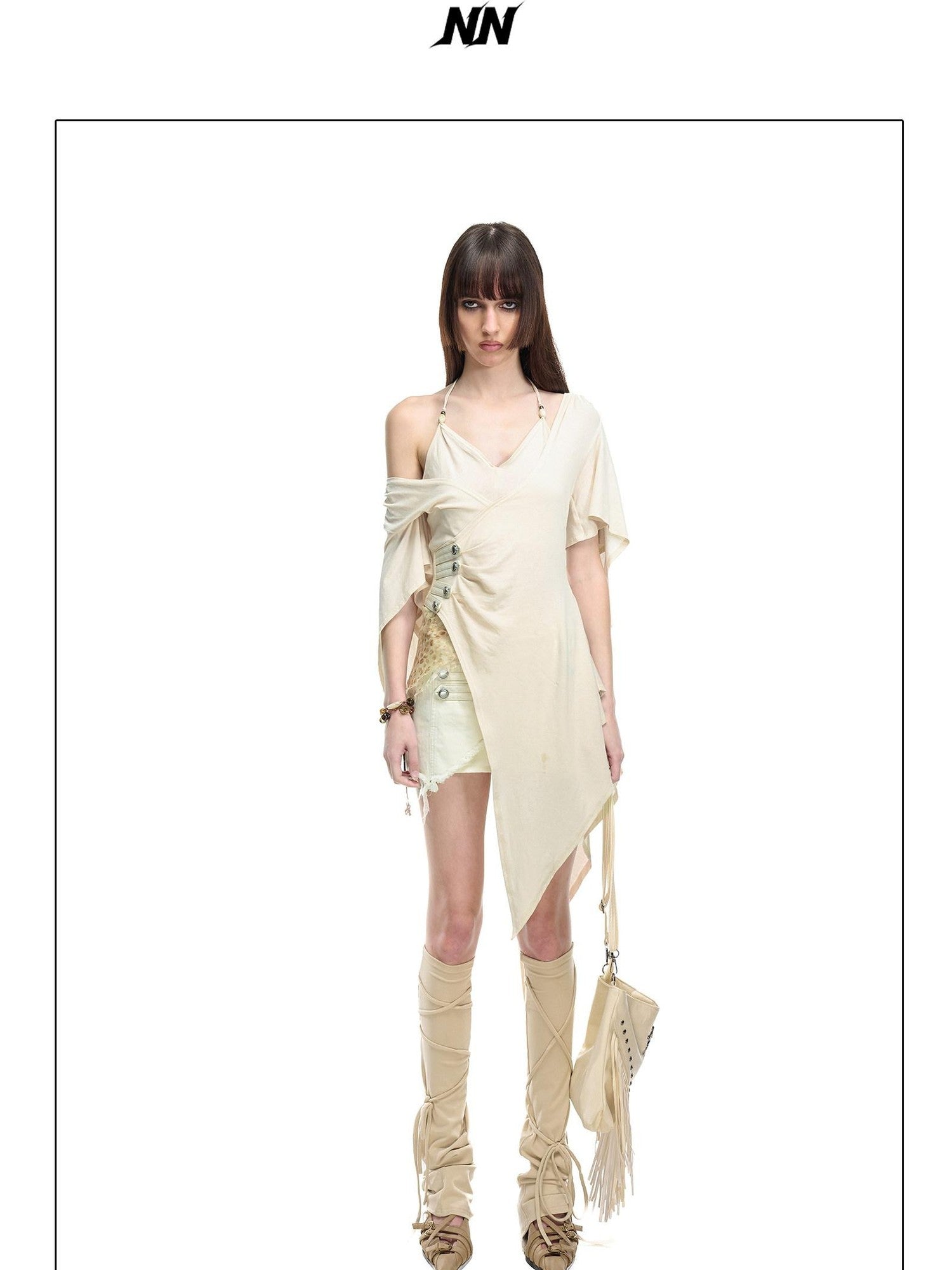 NORTH NODE Halter V-neck Irregular Diagonal Pleated Women&