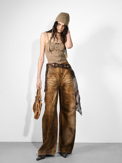 NORTH NODE Handmade Button Pleated Slim High Stretch Women&