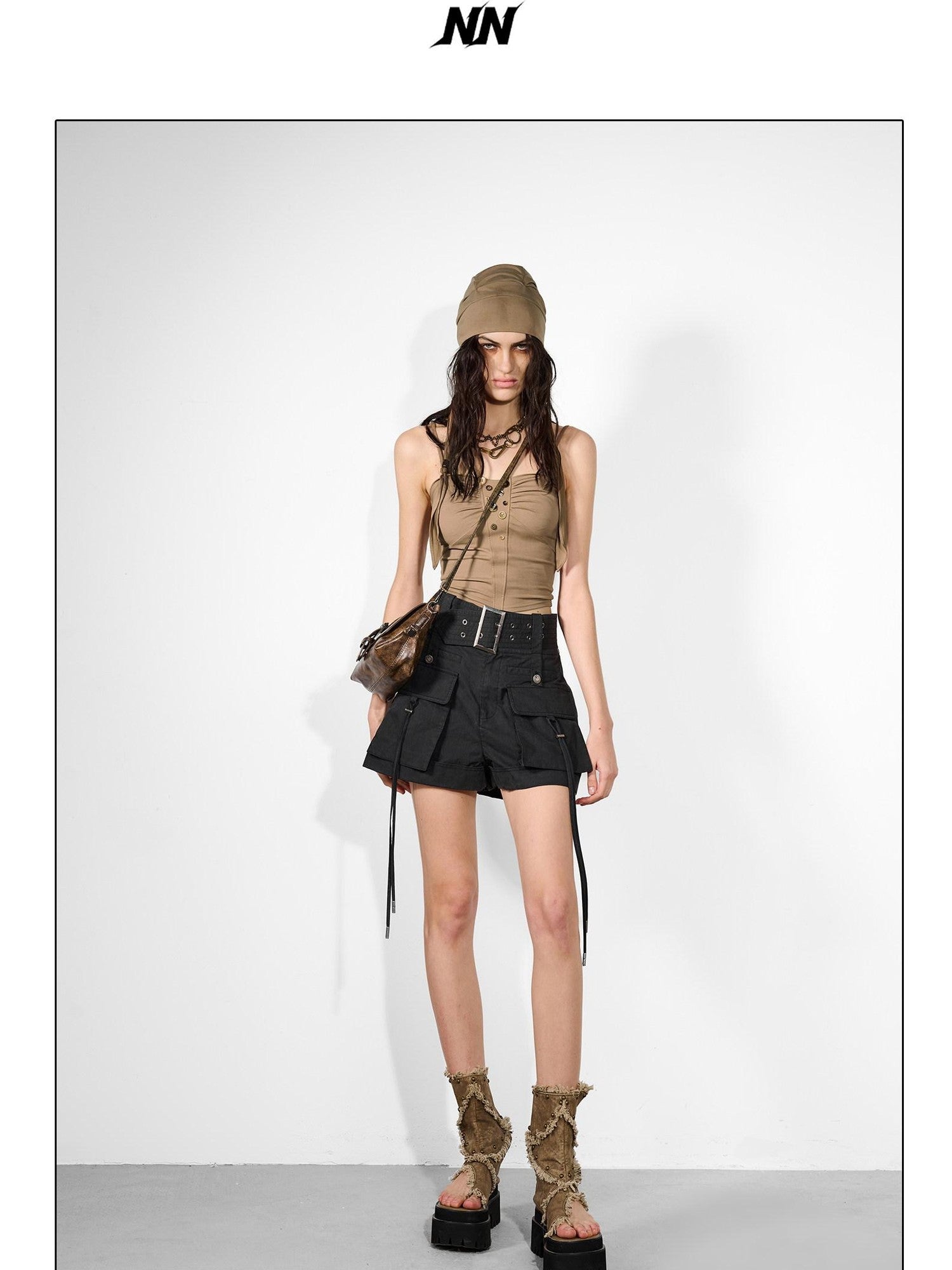 NORTH NODE Handmade Button Pleated Slim High Stretch Women&