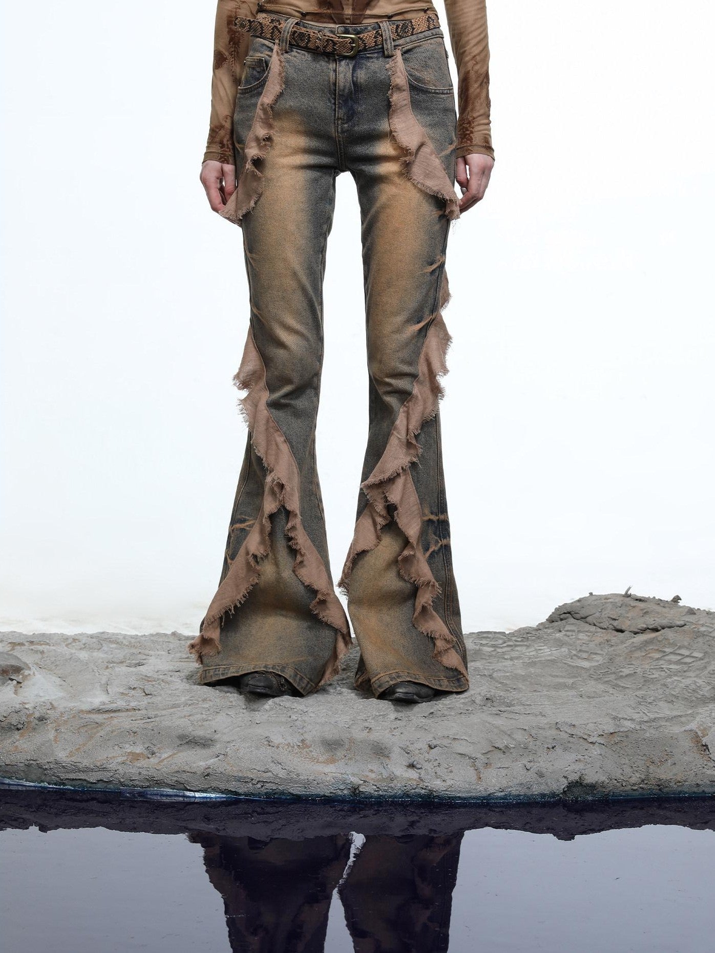 NORTH NODE Heavy Wash Ruffle Spliced Patchwork Punk Women&