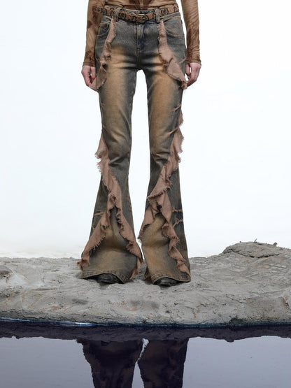 NORTH NODE Heavy Wash Ruffle Spliced Patchwork Punk Women&