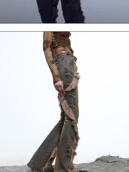 NORTH NODE Heavy Wash Ruffle Spliced Patchwork Punk Women&