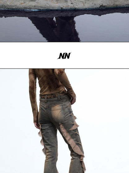 NORTH NODE Heavy Wash Ruffle Spliced Patchwork Punk Women&