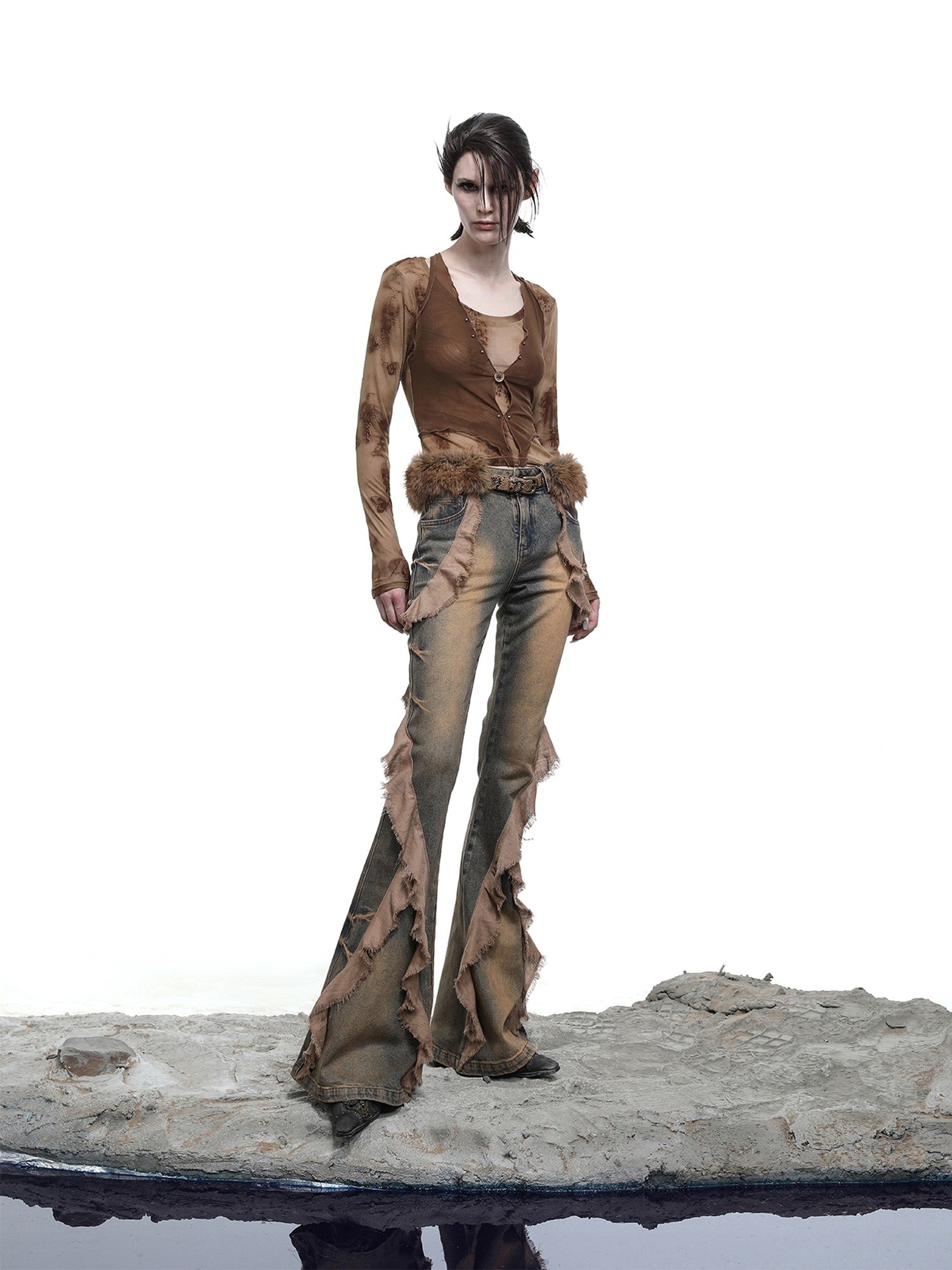 NORTH NODE Heavy Wash Ruffle Spliced Patchwork Punk Women&
