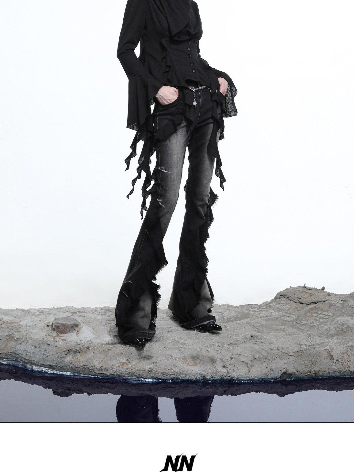 NORTH NODE Heavy Wash Ruffle Spliced Patchwork Punk Women&
