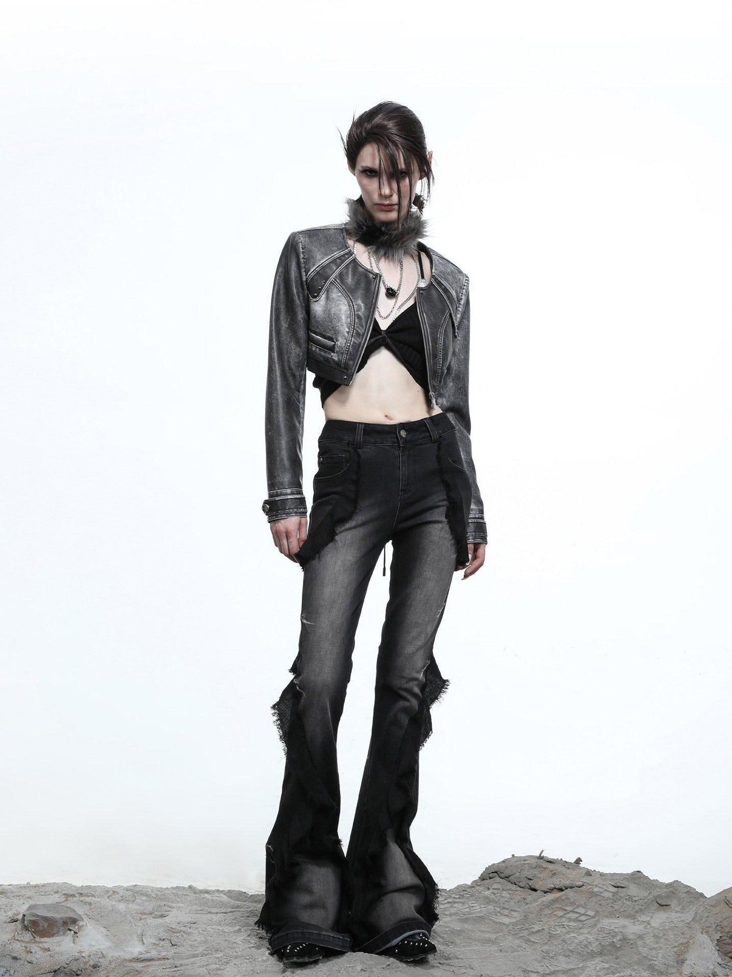 NORTH NODE Heavy Wash Ruffle Spliced Patchwork Punk Women&