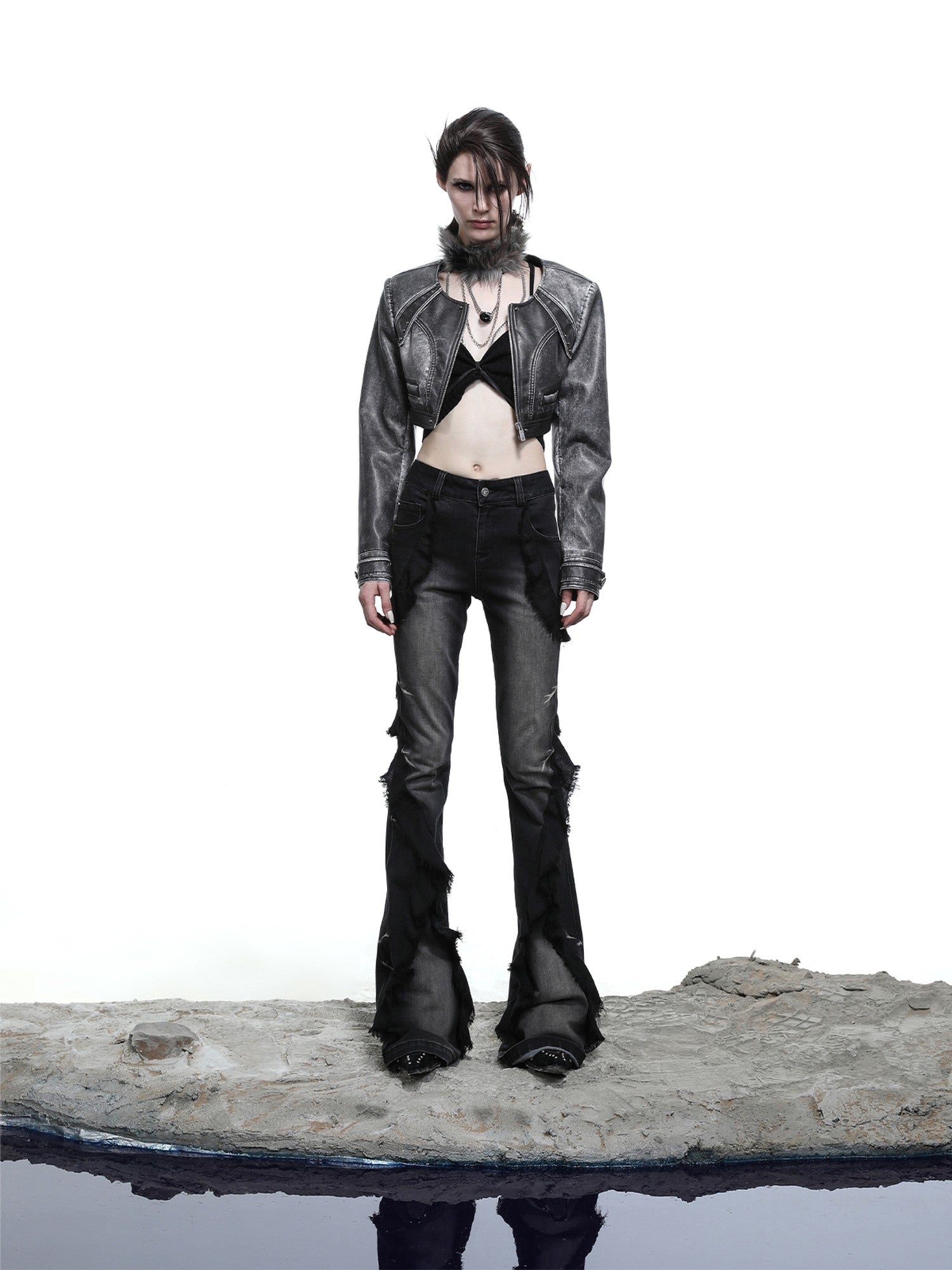 NORTH NODE Heavy Wash Ruffle Spliced Patchwork Punk Women&