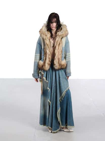 NORTH NODE Hooded Faux Shearling Lined Washed Denim Spliced Women&