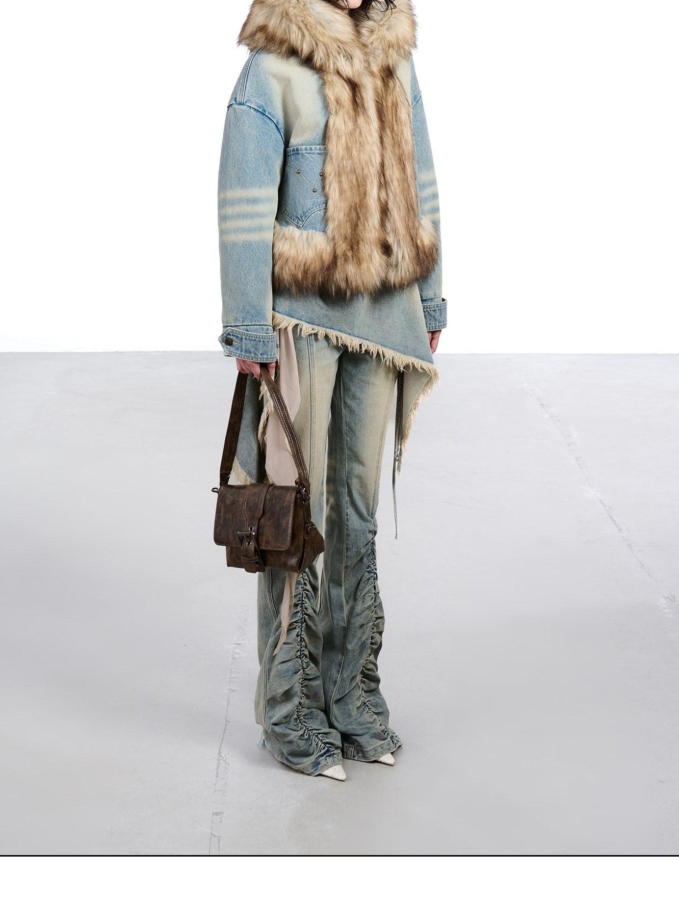 NORTH NODE Hooded Faux Shearling Lined Washed Denim Spliced Women&