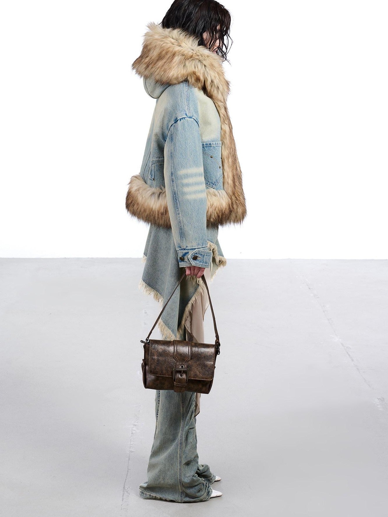 NORTH NODE Hooded Faux Shearling Lined Washed Denim Spliced Women&