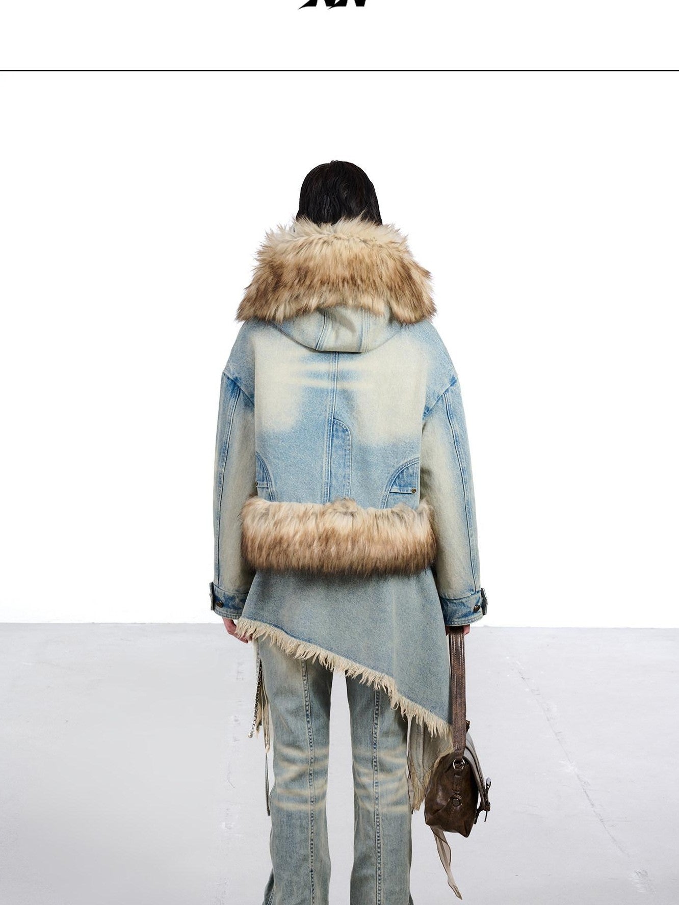 NORTH NODE Hooded Faux Shearling Lined Washed Denim Spliced Women&