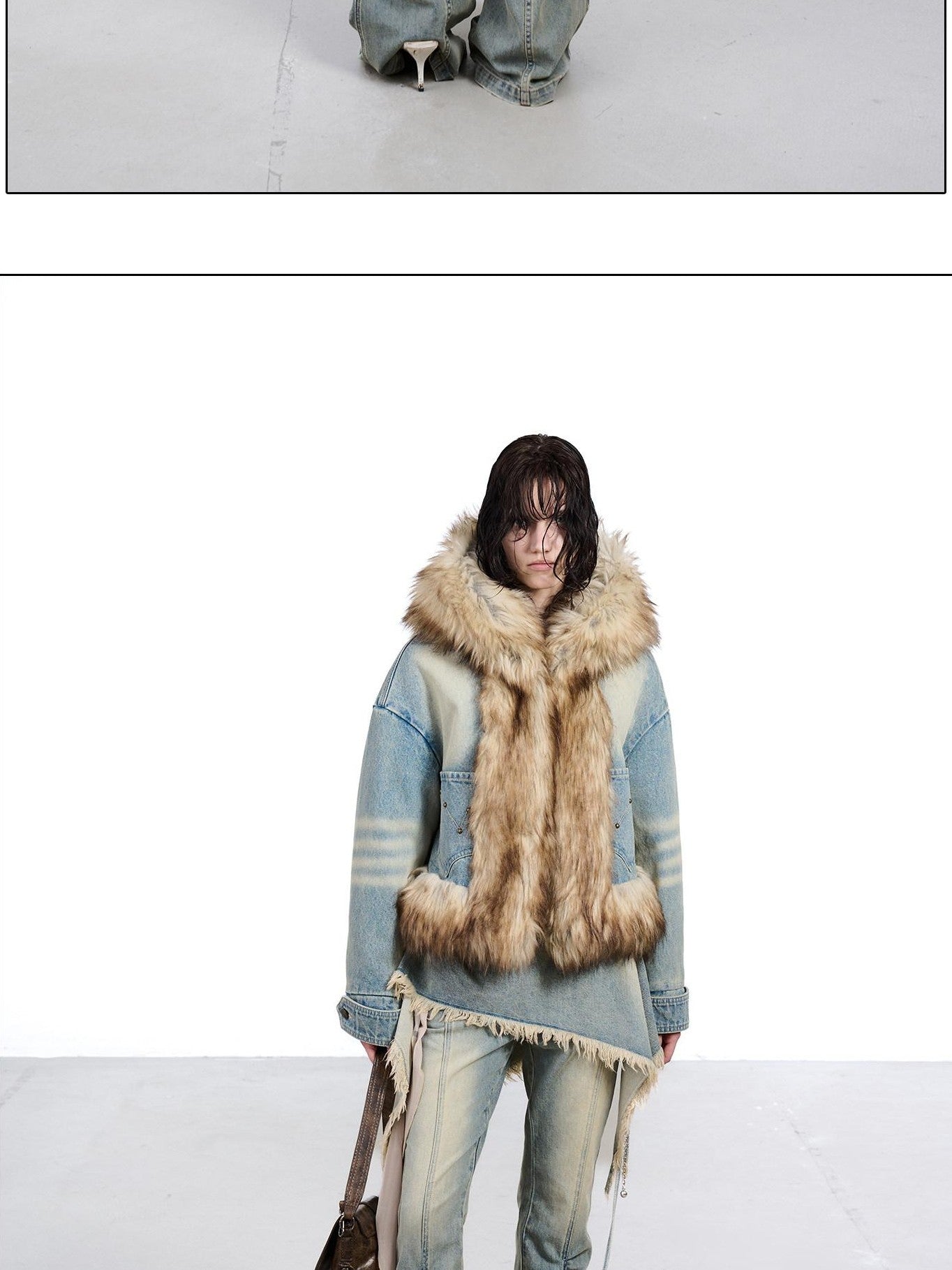 NORTH NODE Hooded Faux Shearling Lined Washed Denim Spliced Women&