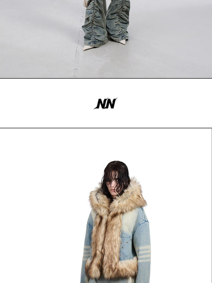 NORTH NODE Hooded Faux Shearling Lined Washed Denim Spliced Women&