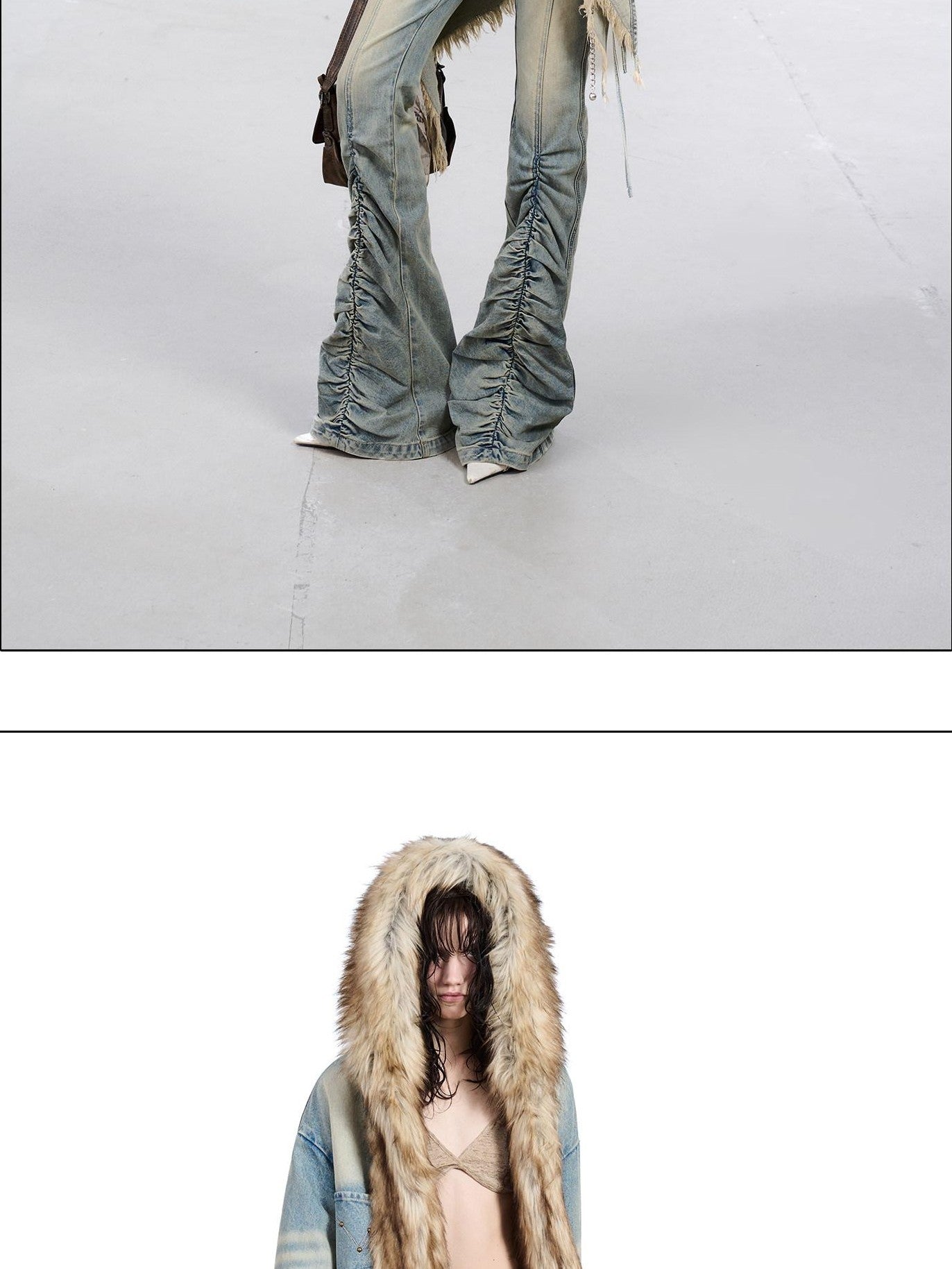NORTH NODE Hooded Faux Shearling Lined Washed Denim Spliced Women&