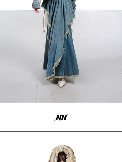 NORTH NODE Hooded Faux Shearling Lined Washed Denim Spliced Women&