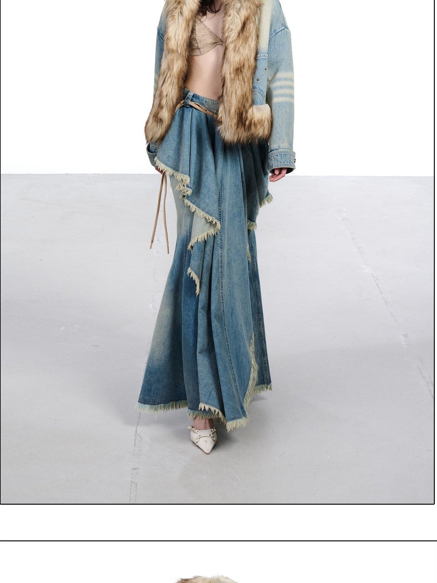 NORTH NODE Hooded Faux Shearling Lined Washed Denim Spliced Women&