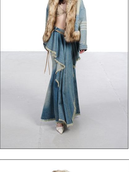 NORTH NODE Hooded Faux Shearling Lined Washed Denim Spliced Women&