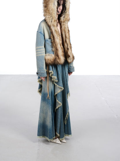 NORTH NODE Hooded Faux Shearling Lined Washed Denim Spliced Women&
