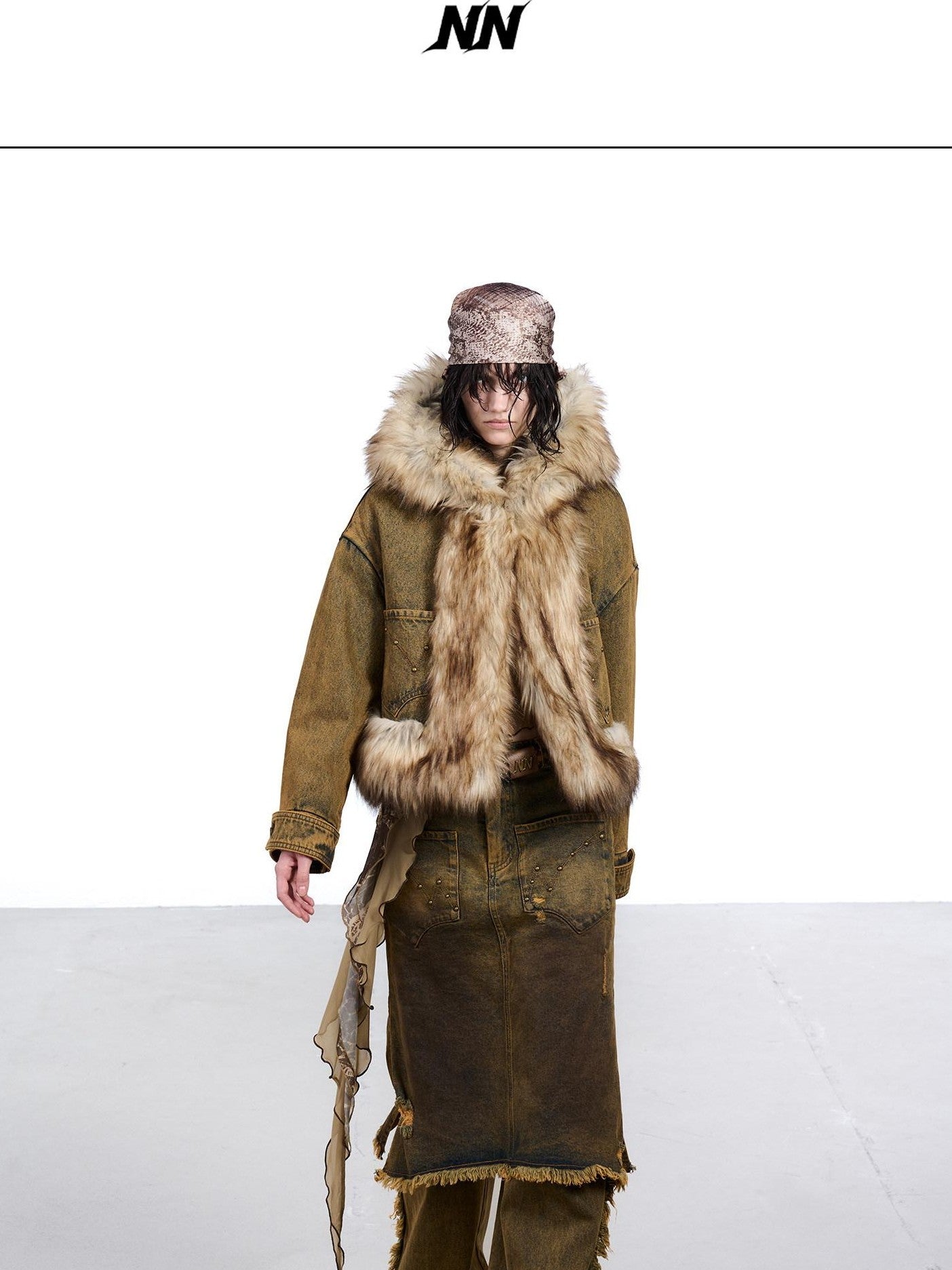NORTH NODE Hooded Faux Shearling Lined Washed Denim Spliced Women&