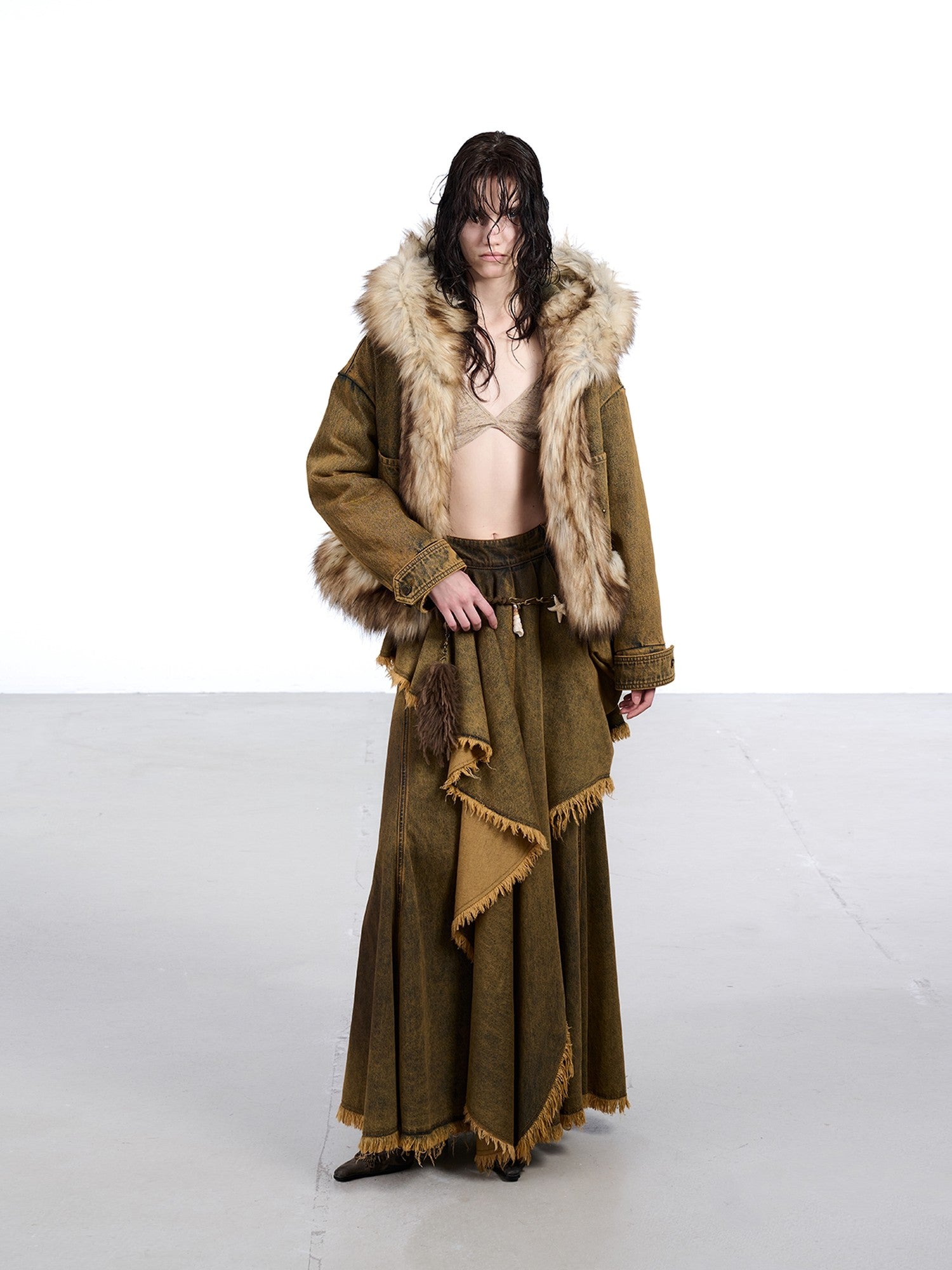NORTH NODE Hooded Faux Shearling Lined Washed Denim Spliced Women&