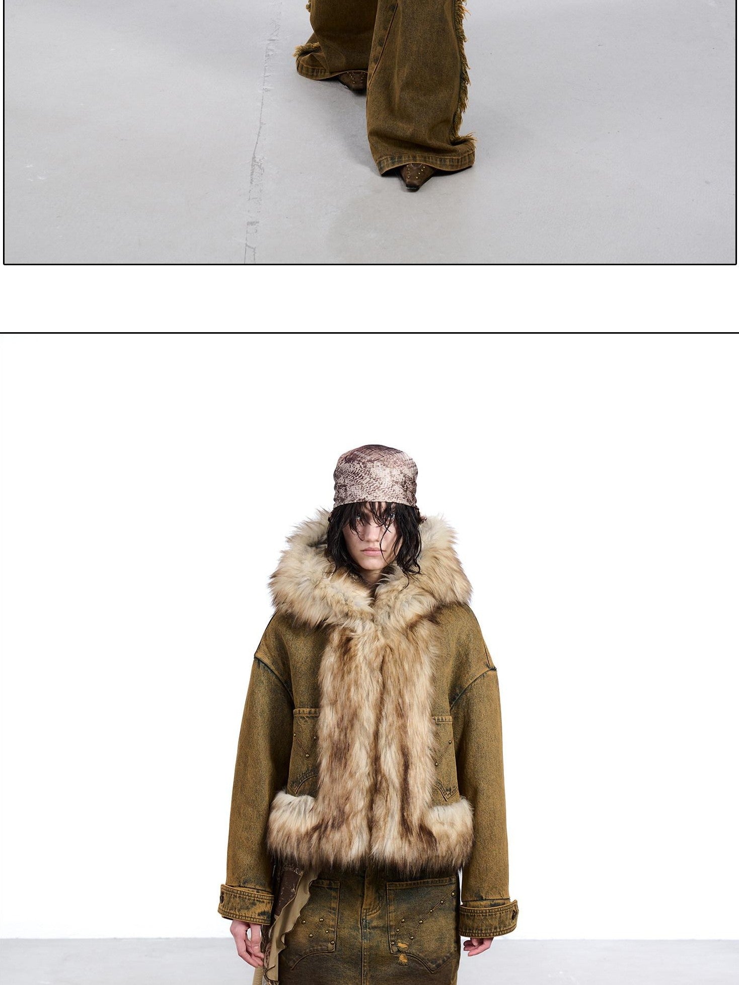 NORTH NODE Hooded Faux Shearling Lined Washed Denim Spliced Women&