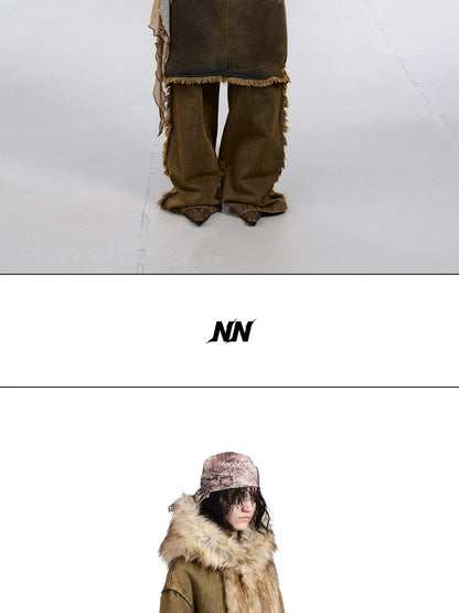 NORTH NODE Hooded Faux Shearling Lined Washed Denim Spliced Women&