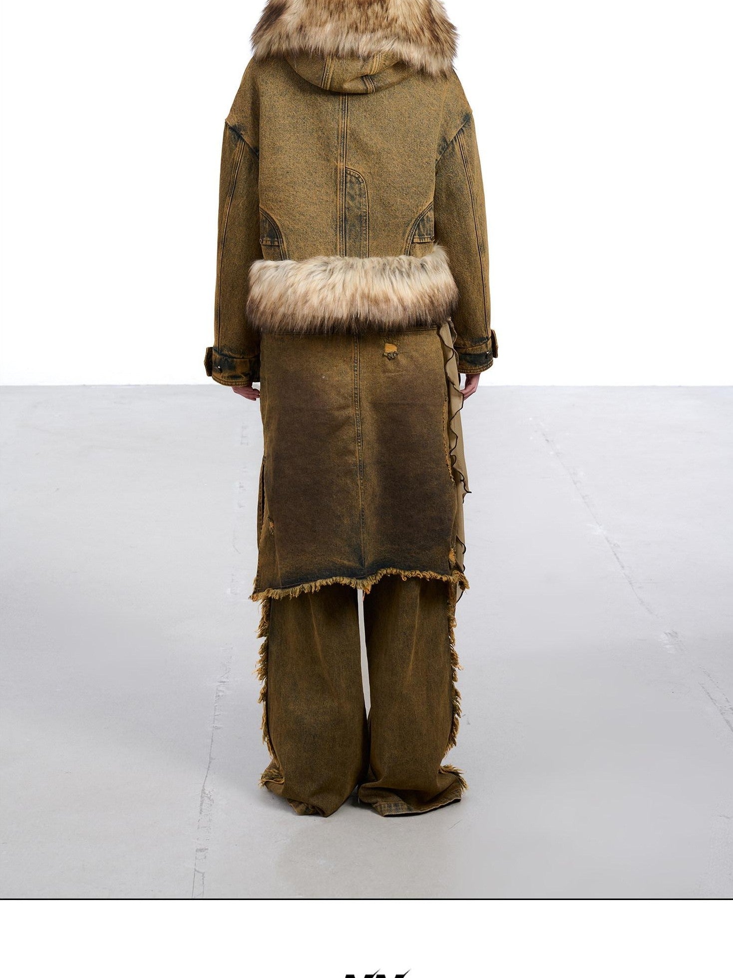 NORTH NODE Hooded Faux Shearling Lined Washed Denim Spliced Women&