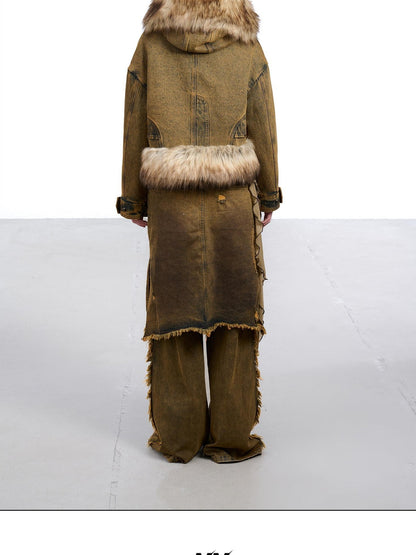 NORTH NODE Hooded Faux Shearling Lined Washed Denim Spliced Women&