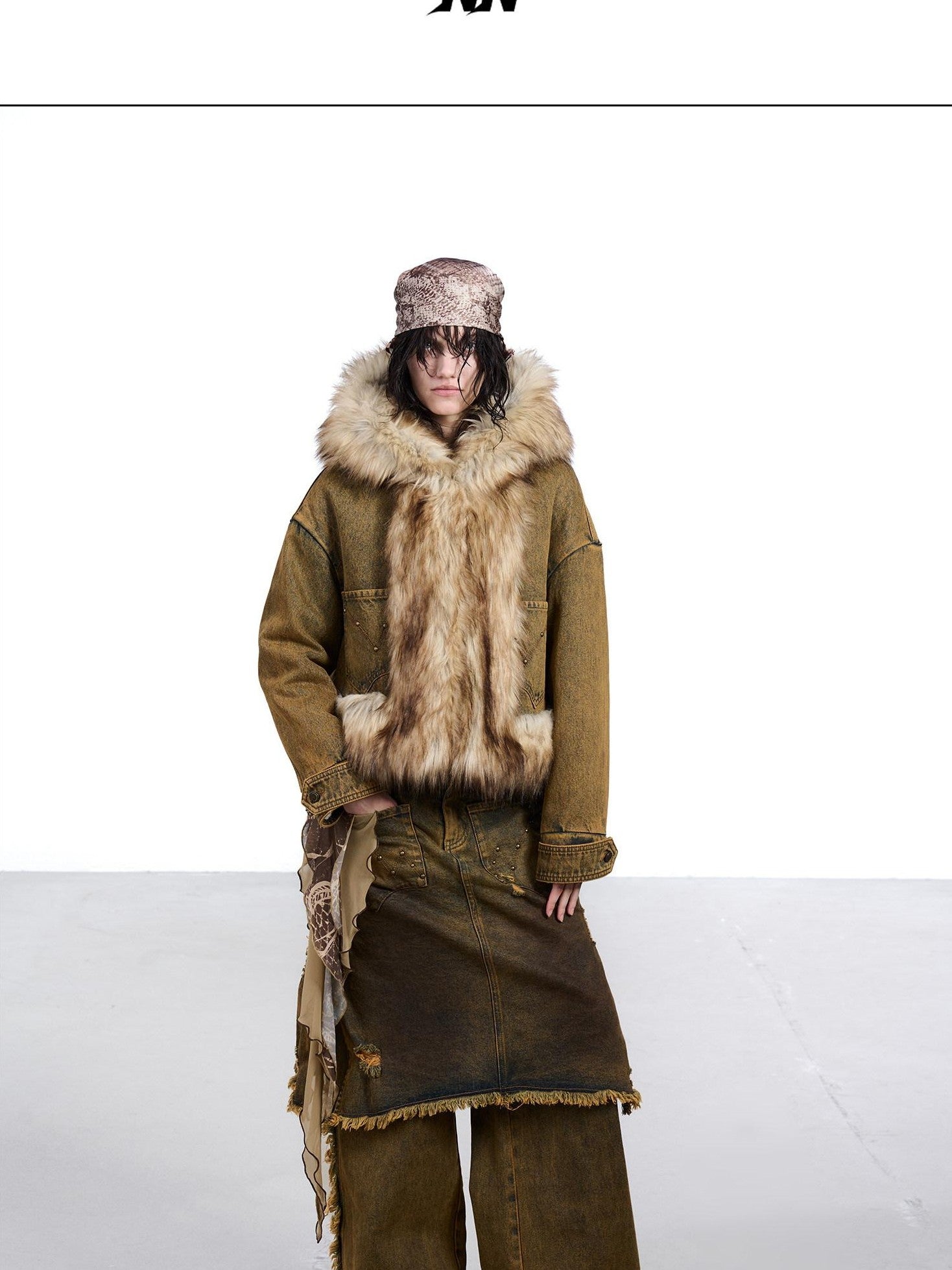 NORTH NODE Hooded Faux Shearling Lined Washed Denim Spliced Women&