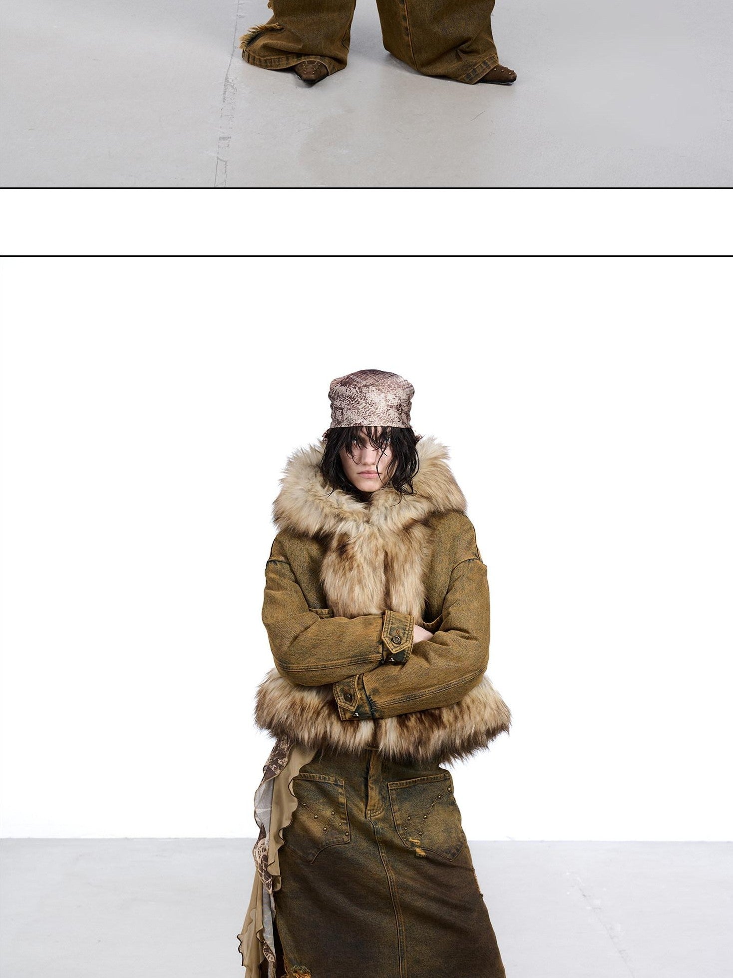 NORTH NODE Hooded Faux Shearling Lined Washed Denim Spliced Women&