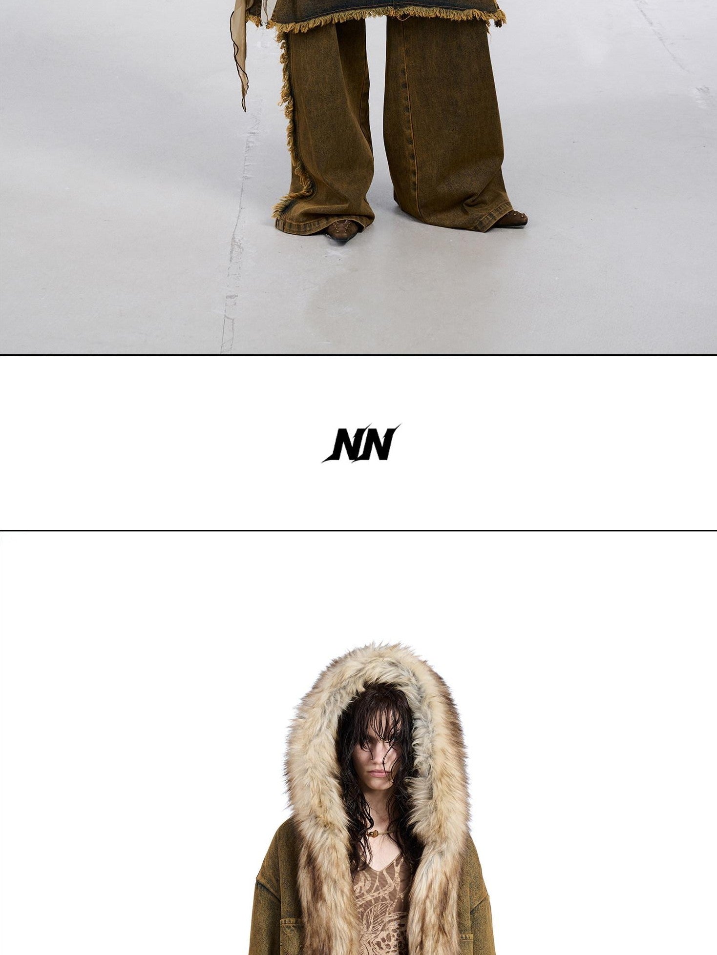 NORTH NODE Hooded Faux Shearling Lined Washed Denim Spliced Women&