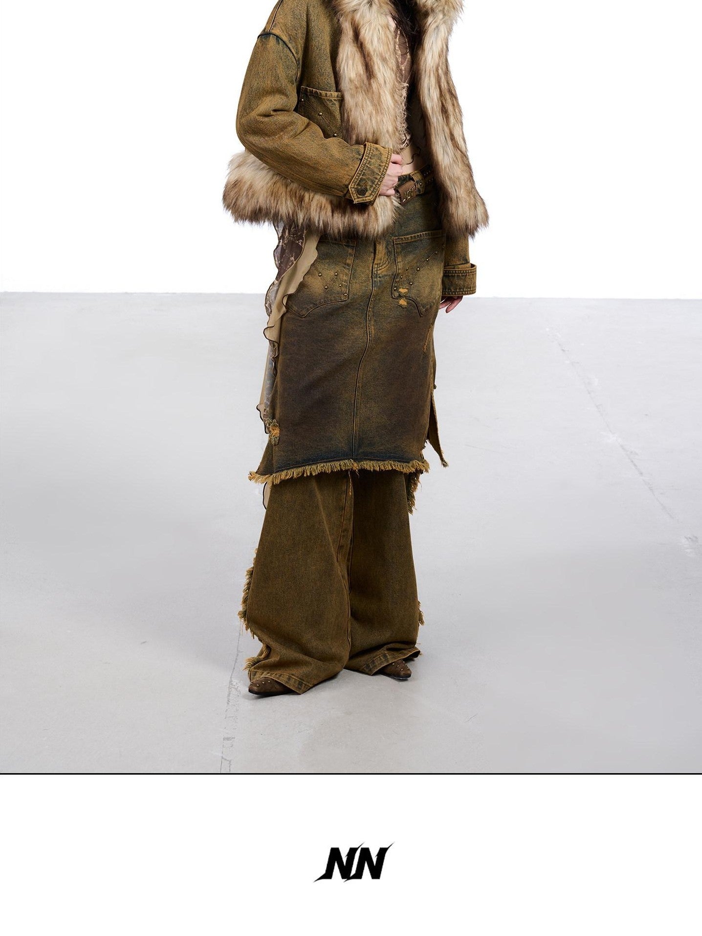 NORTH NODE Hooded Faux Shearling Lined Washed Denim Spliced Women&