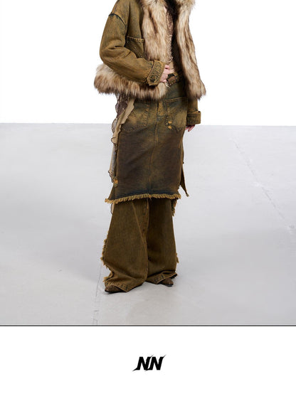 NORTH NODE Hooded Faux Shearling Lined Washed Denim Spliced Women&