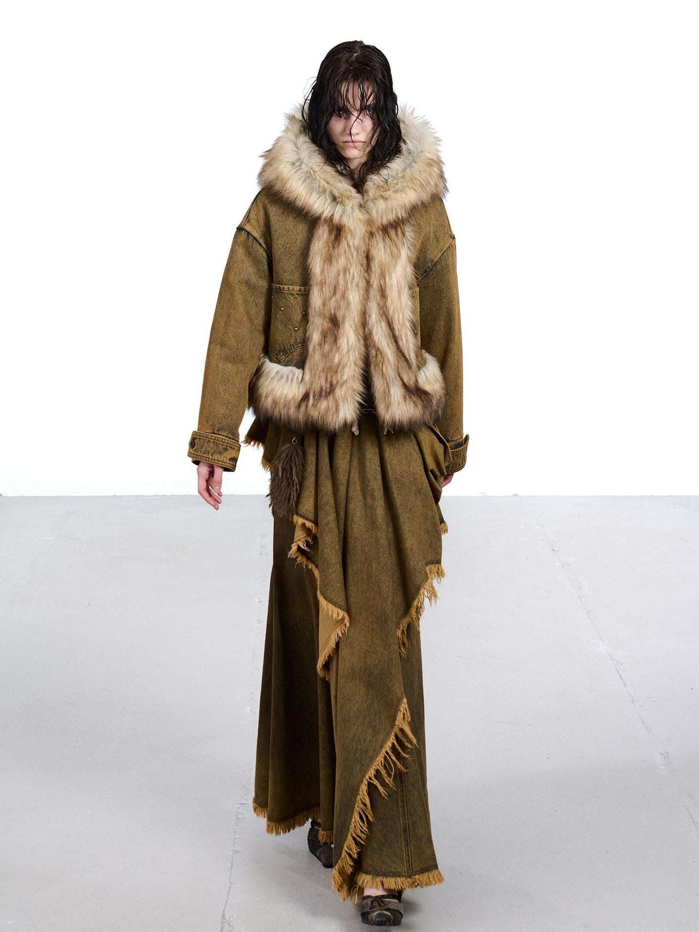 NORTH NODE Hooded Faux Shearling Lined Washed Denim Spliced Women&