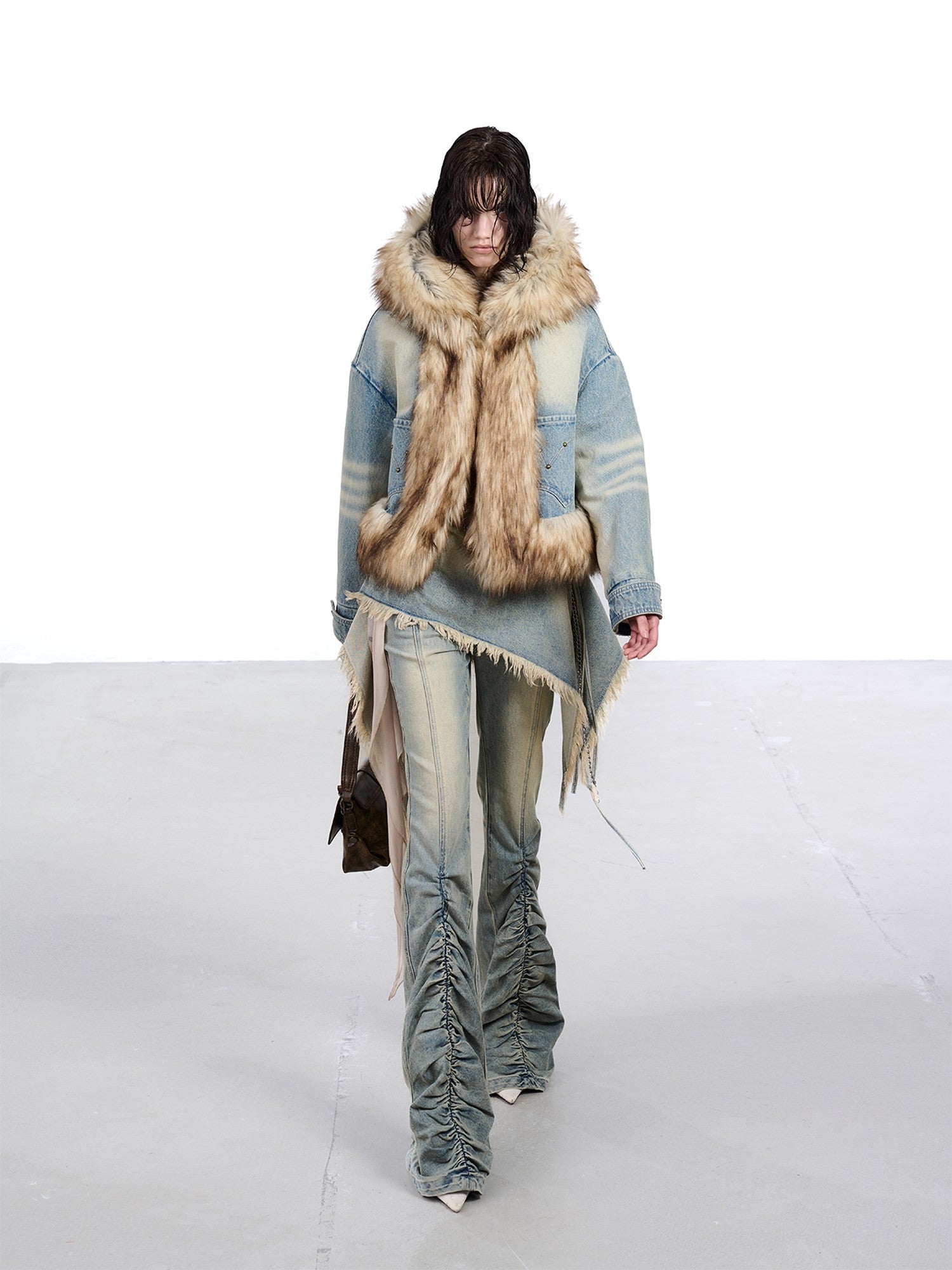 NORTH NODE Hooded Faux Shearling Lined Washed Denim Spliced Women&