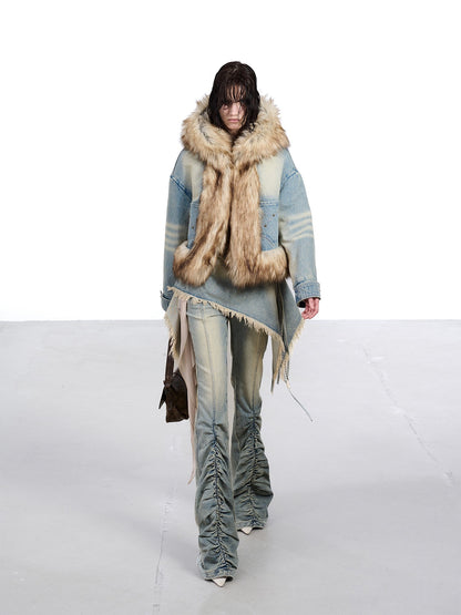 NORTH NODE Hooded Faux Shearling Lined Washed Denim Spliced Women&