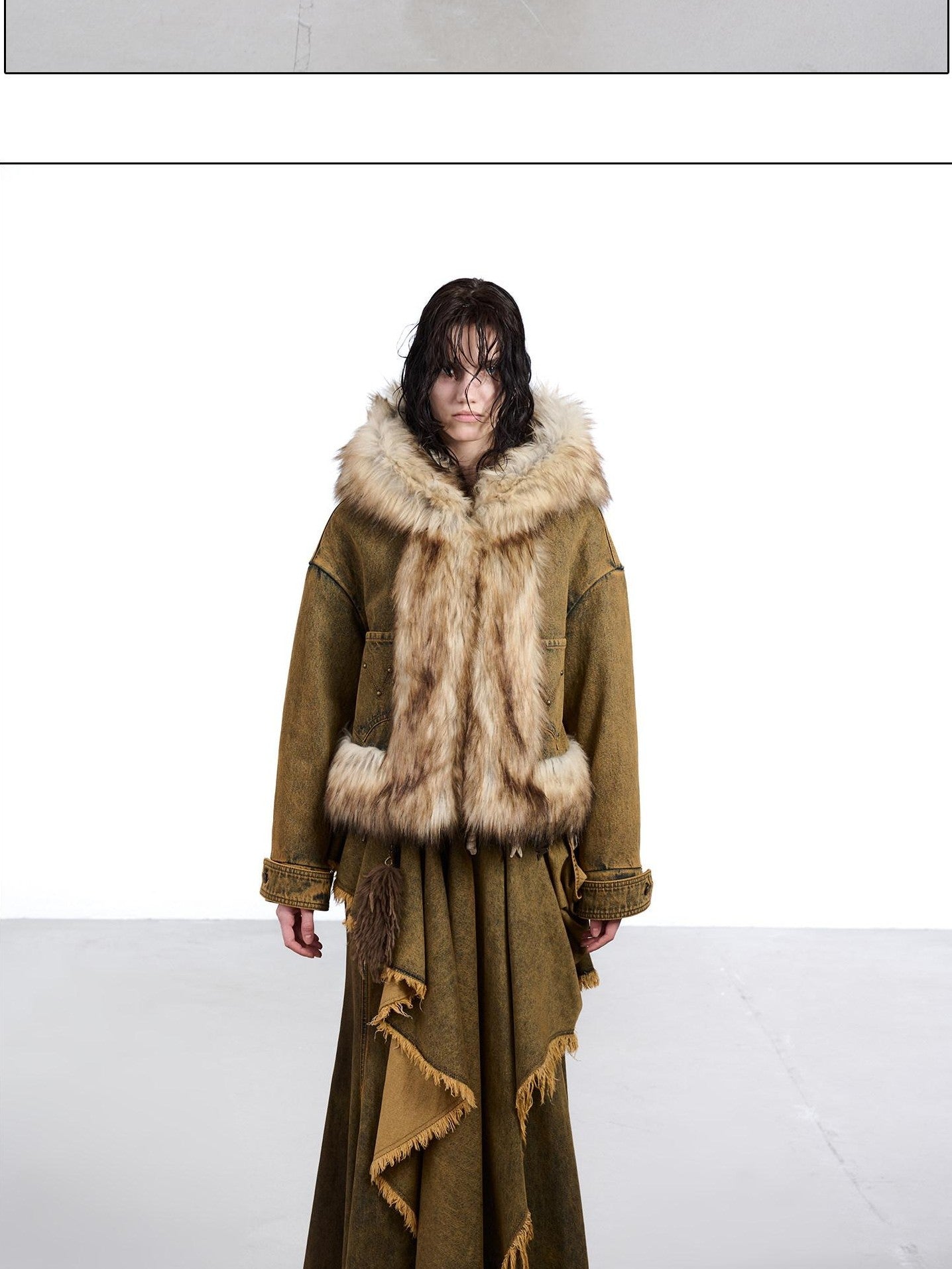 NORTH NODE Hooded Faux Shearling Lined Washed Denim Spliced Women&