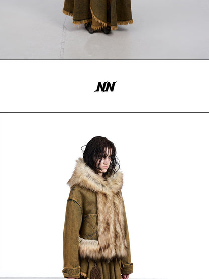 NORTH NODE Hooded Faux Shearling Lined Washed Denim Spliced Women&