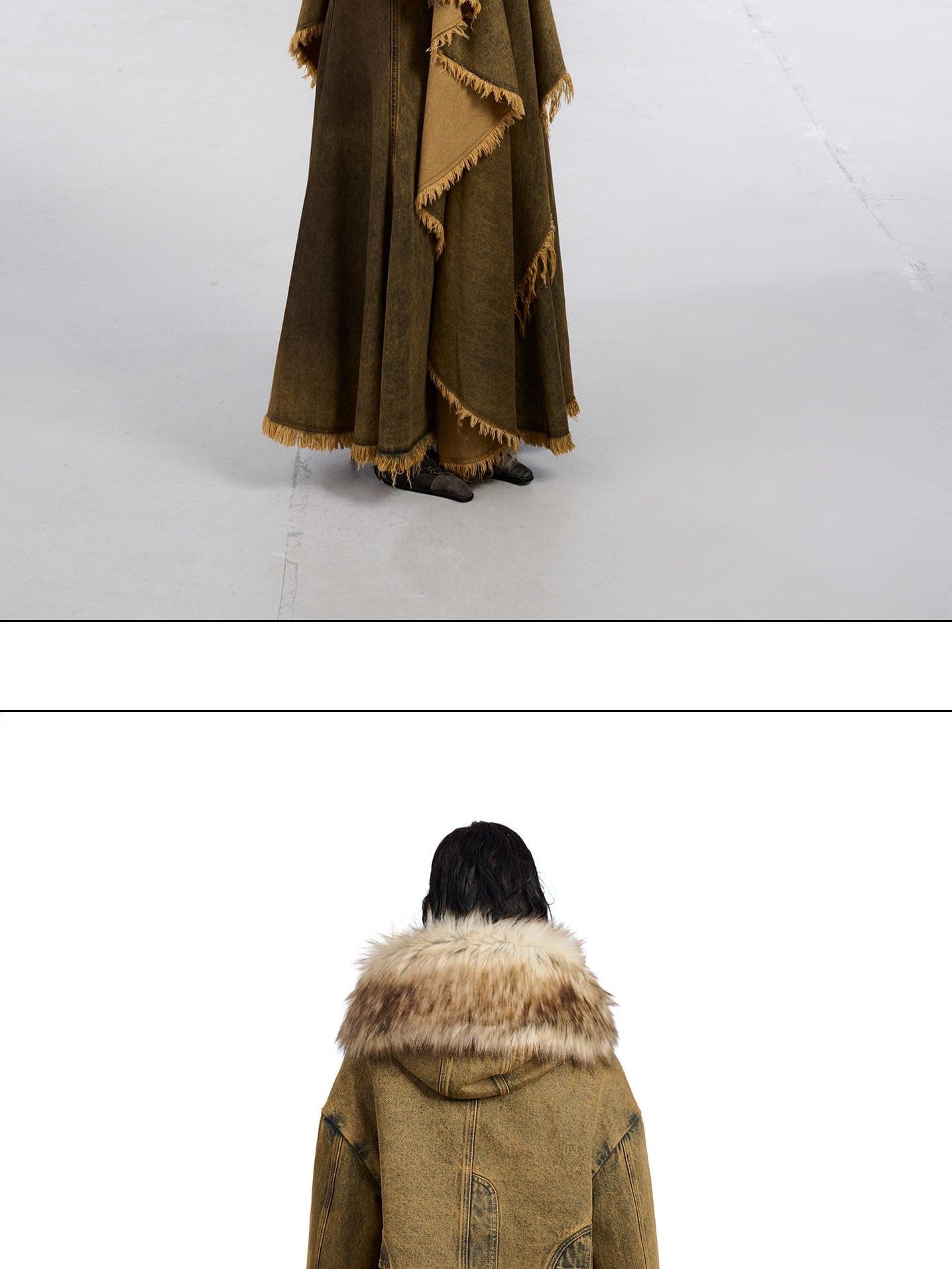 NORTH NODE Hooded Faux Shearling Lined Washed Denim Spliced Women&
