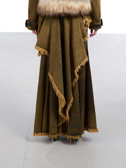 NORTH NODE Hooded Faux Shearling Lined Washed Denim Spliced Women&