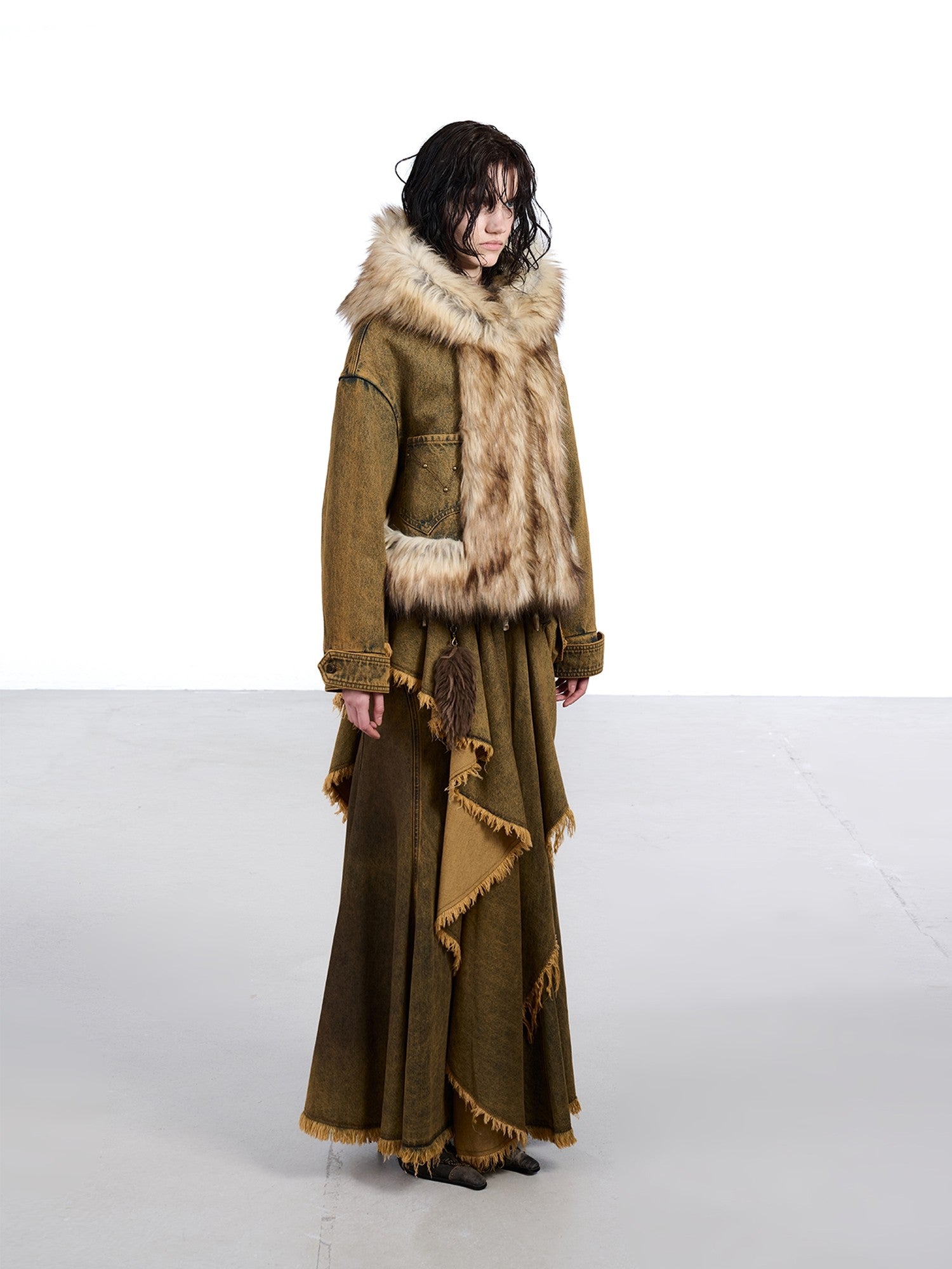 NORTH NODE Hooded Faux Shearling Lined Washed Denim Spliced Women&